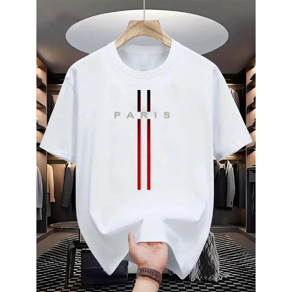 Herren 100% reine Baumwolle Sommer lässig locker Mode Paris Buchstaben bedruckt bequem Rundhals Kurzarm T-Shirt Oberteil