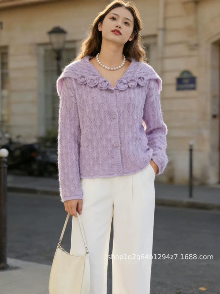 Navy Jacquard Hollow Knit Cardigan Coat for Women - Elegant and Cozy Spring/Autumn Outerwear