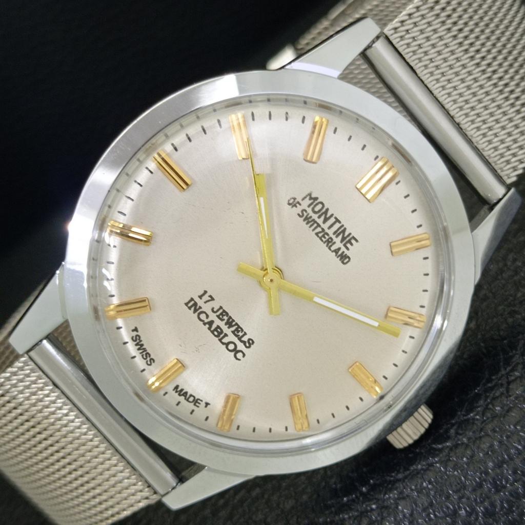 ВИНТАЖНЫЕ ЧАСЫ MONTINE SWISS С РУЧНЫМ ЗАВОДОМ, МУЖСКИЕ, a441567-5, С ОТРЕСТАВРИРОВАННЫМ СЕРЕБРИСТЫМ ЦИФЕРБЛАТОМ