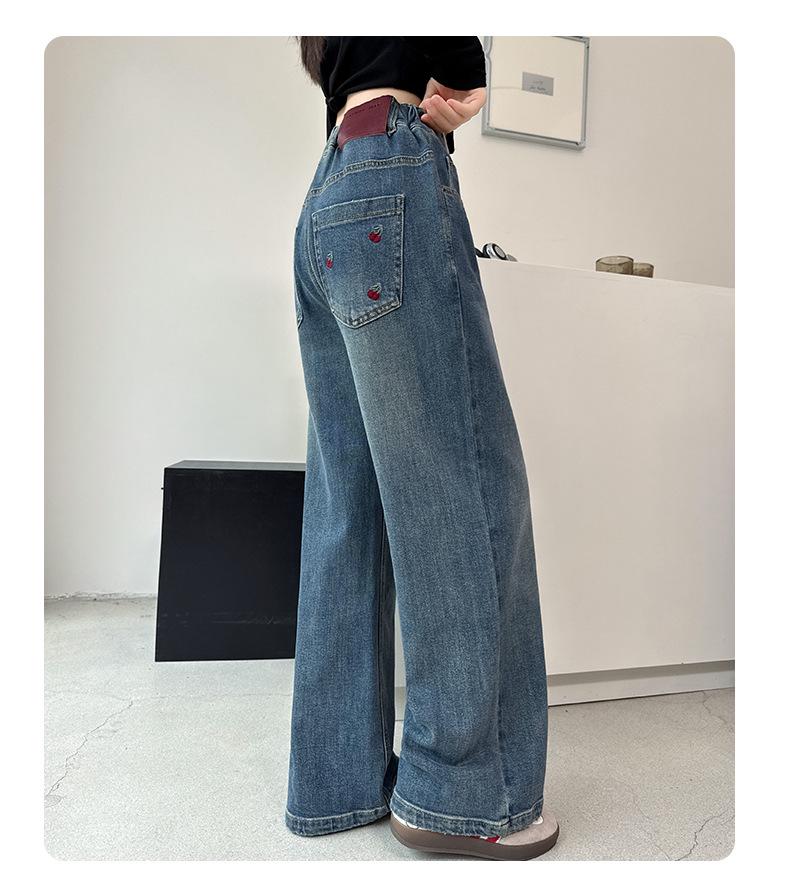 2025 Girls' Embroidered Wide-Leg Jeans: Spring/Fall Casual Straight-Leg Pants for Medium & Big Kids
