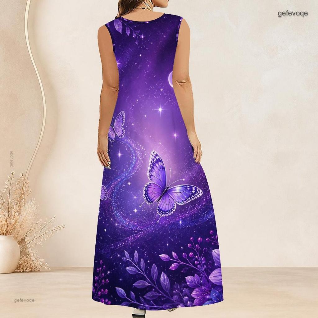 Women Plus Size Scoop Neck Sleeveless Purple Butterfly Printed A Line Maxi Dress