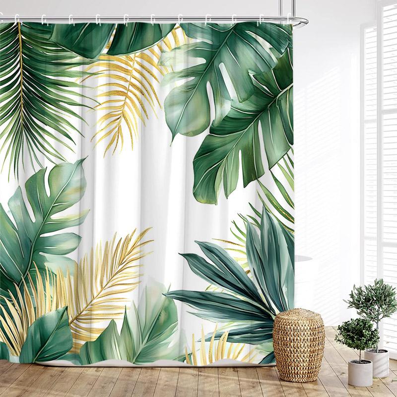 Tropical Hummingbirds Shower Curtains Green Gold Palm Monstera Leaves Flowers Bath Curtain Polyester Fabric Home Bathroom Decor