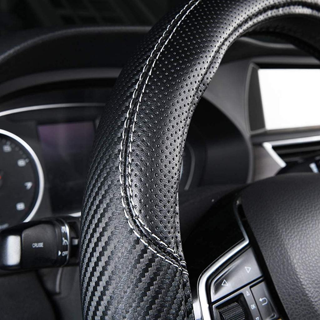 CAR-GRAND Carbon Fiber Steering Wheel Cover, Premium Breathable Leather Sporty Wheel Protection Interior Accessories Standard Size[14" 1/2-15"]