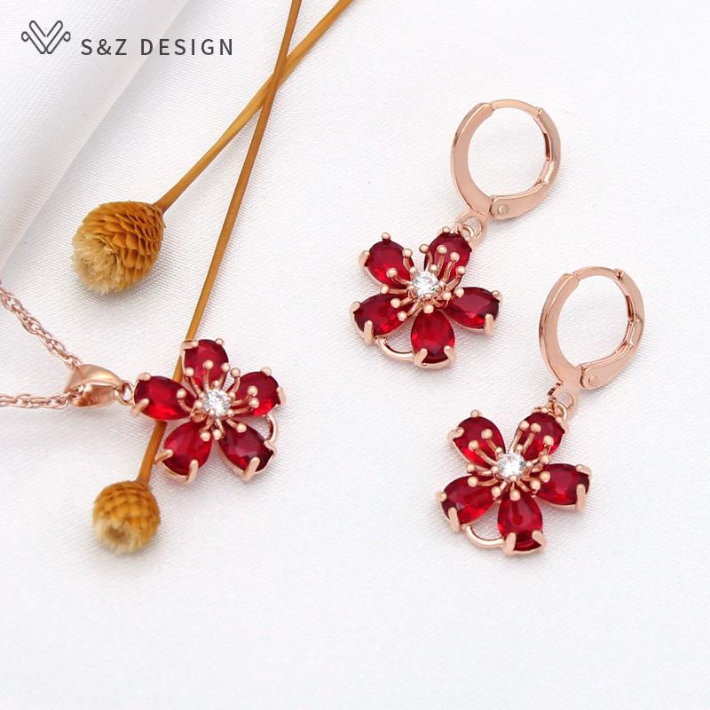 Fashion Cute Red Flowers Cubic Zirconia Drop Earrings Jewelry Sets For Women Party Rose Gold Color Pendant Necklace