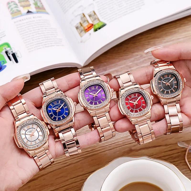 Luxury Ladies Digital Diamond Studded Quartz Watch Fashion  New Rose Gold Stainless Steel Strap Women's Dress Clock Watches