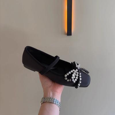 Französische Schleife Strass Satin Mary Jane Einzelne Schuhe Damen 2025 neu leichter Mund Pendler Ein-Pedal flache Schuhe