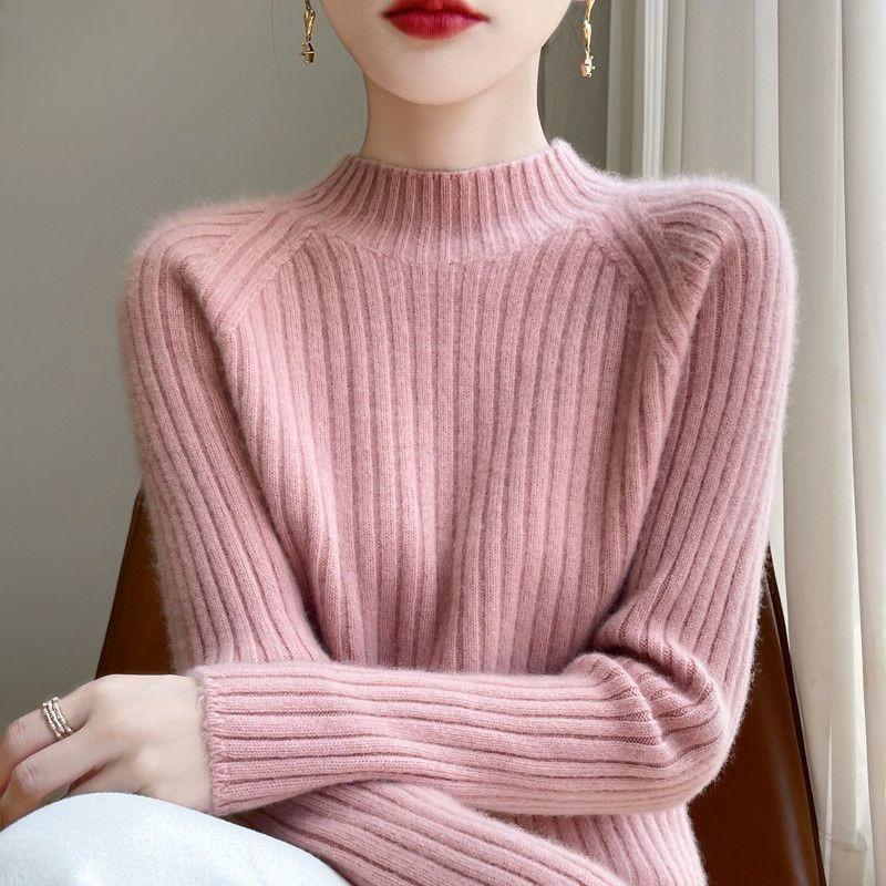 Autumn Winter Women Knitwear Slim Fit Semi High Neck Pure Color Loose Short Knitted Sweater Base Layer