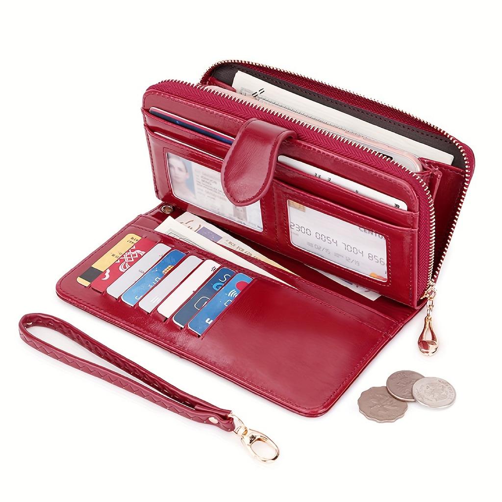 Stylish Red Synthetic Leather Long Wallet - Large Capacity, Multiple Cards, Zipper Closure, Polyester Lining - Perfect for Everyday Use