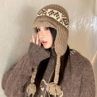 Vintage Jacquard Knitted Warm Cap For Women Ear Protection Warmer Beanies Skullies Windproof Pullover Caps
