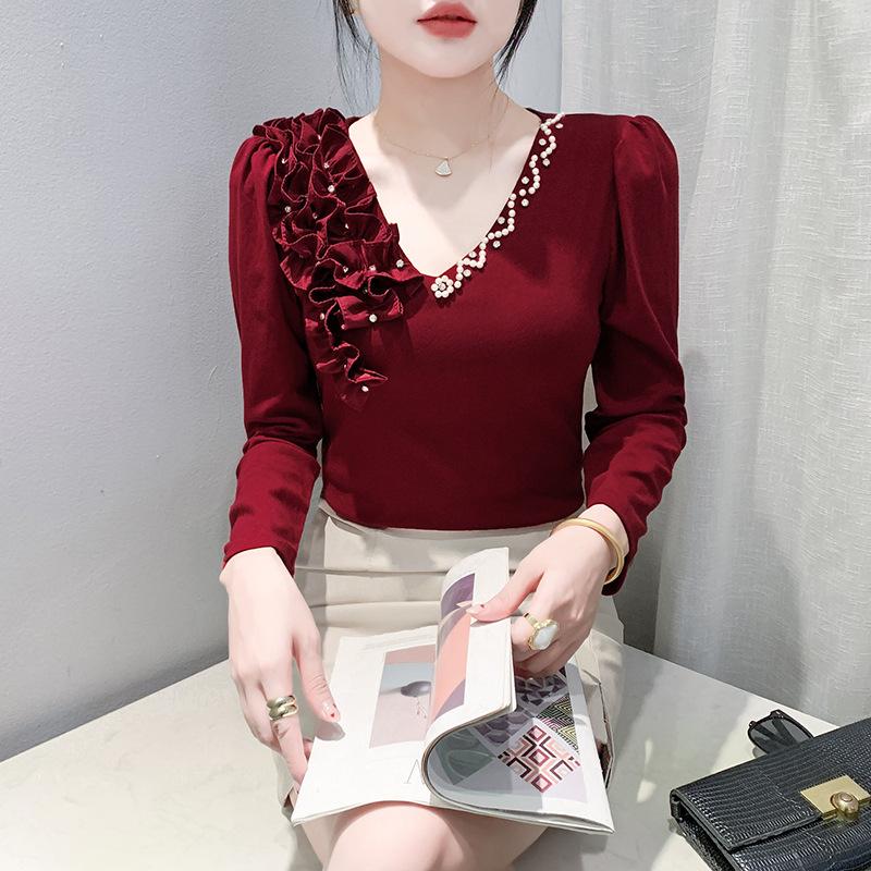 Autumn and Winter Stylish Foreign Style Splicing V-neck Beads Long-sleeved T-shirt Womens Slim and Thin Bottoming Blouse Top
