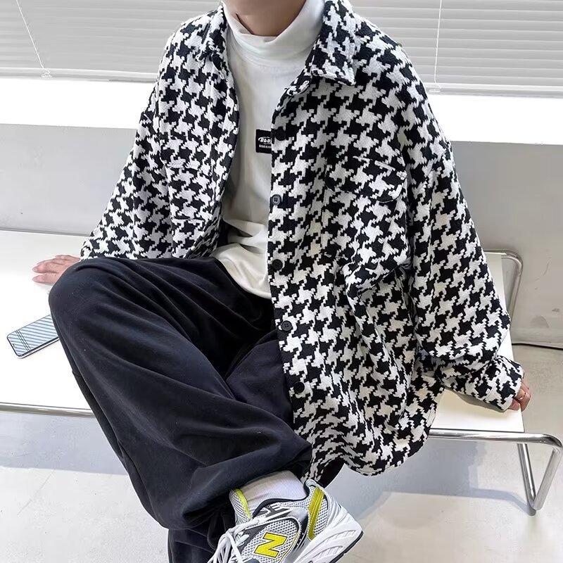 

2025 new fashion popular swing Hong Kong style shirt jacket men s trend thousand bird grid casual lapel woolen jacket 3XL белый