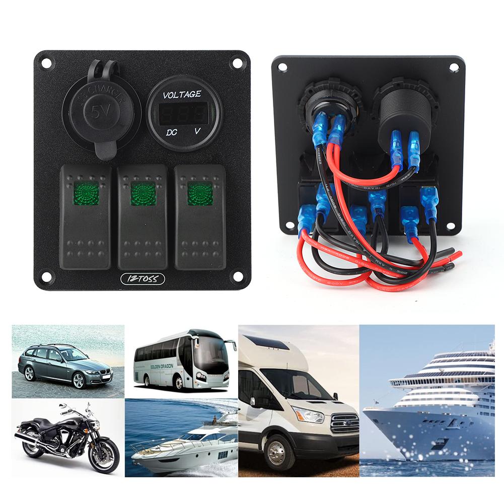 Multifunction 3 Gang Rocker Switches Panel with Voltmeter Display 4.8A Power Charger for RV BoatGreen Light