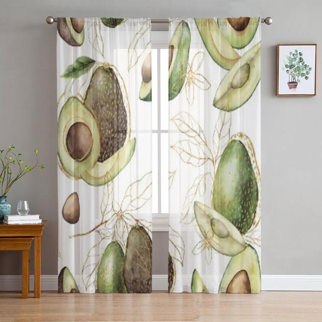 Avocado Green Cute Fruits Cartoon Tulle Curtains For Living Room Bedroom Decor Transparent Chiffon Sheer Voile Window Curtain