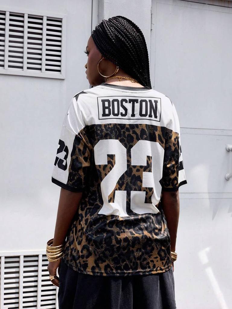 Summer Street Hip-Hop Style Sporty V-Neck Short-Sleeved Leopard Print Lettering Pattern Loose Quick-Drying Women's T-Shirt