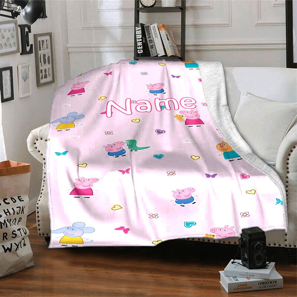 Custom Name Peppa Pig Theme Printed Blanket - Perfect for Couch, Bed, Travel & Outdoor Use | Machine Washable, Cozy & Durable.