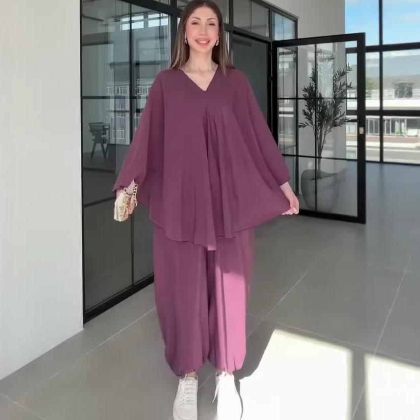 Nuovo Abbigliamento da Donna Europeo e Americano per Primavera e Autunno Transfrontaliero Scollo a V Manica Lunga Ampio Taglia Grande Top Pantaloni a Gamba Larga Set Due Pezzi
