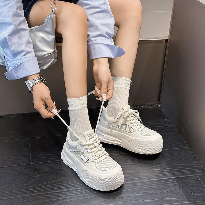 Leather platform women's spring new round head lace-up casual board shoes versatile height-increasing sports women's shoes