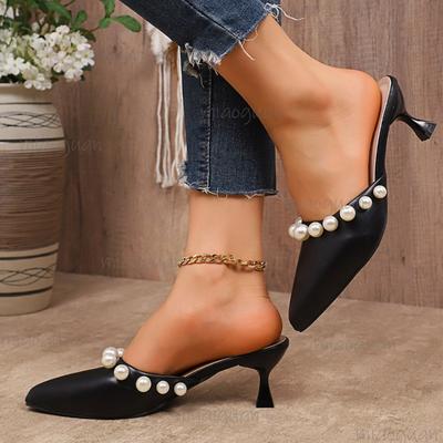 Sandálias Elegantes Femininas com Pérolas Bico Fino Mulheres Verão 2025 Salto Alto Calce Fácil Festa Casamento Sapatos Mulher Mules Brancas Chinelos