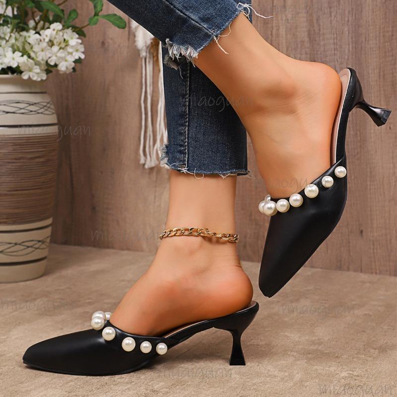 Elegant Ladies Pearls Pointed Toe Sandals Women Summer 2025 High Heels Slip On Party Wedding Shoes Woman White Mules Slippers