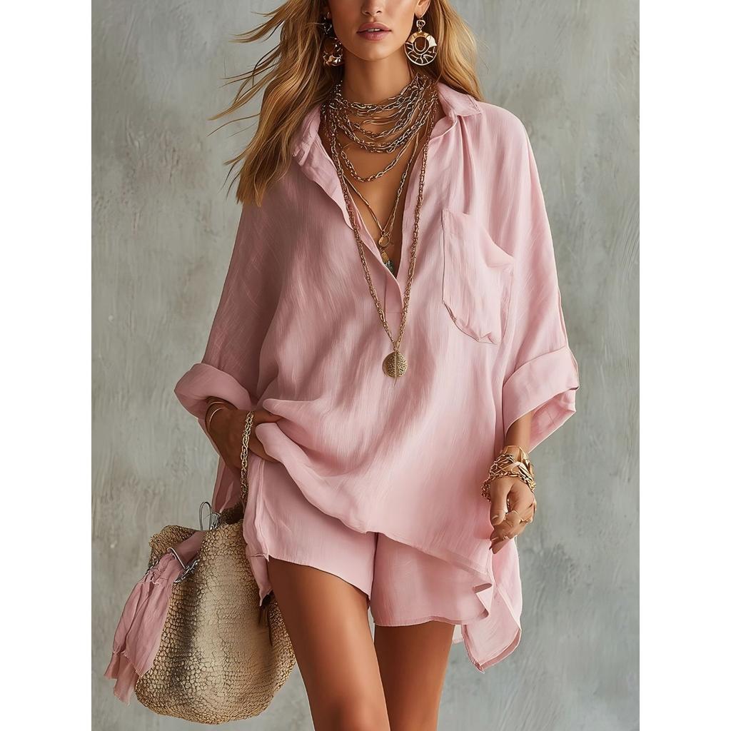 Women's Loose Long Sleeve Shirt and Shorts 2 Piece Set Casual Summer Beach Outfit