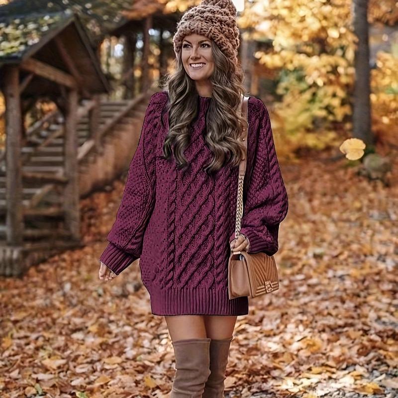 Women's Sweater Dress, Women's Long Sleeve Crew Neck Textured Knitted Dresss