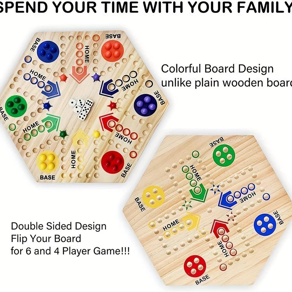 A High Quality Wooden Double Sided Board Game, Flying Chess Track Chessboard Party Game, for 4-6 Players, with 6 Colors 24 Marbles + 6 Dice