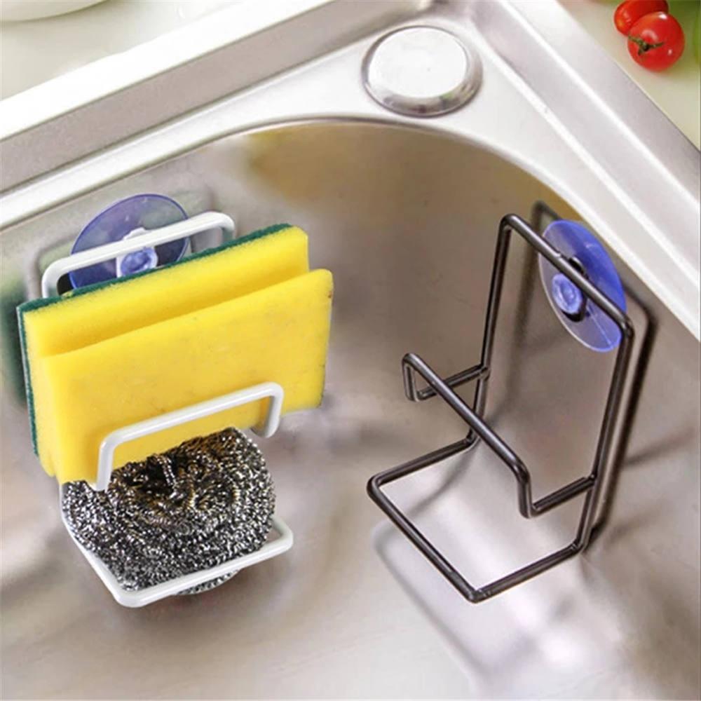 1pcs Multifunctional Double-Layer Iron Sink Sponge Drain Rack, Miscellaneous Storage Rack, Simple Suction Cup Storage Drying Rack.