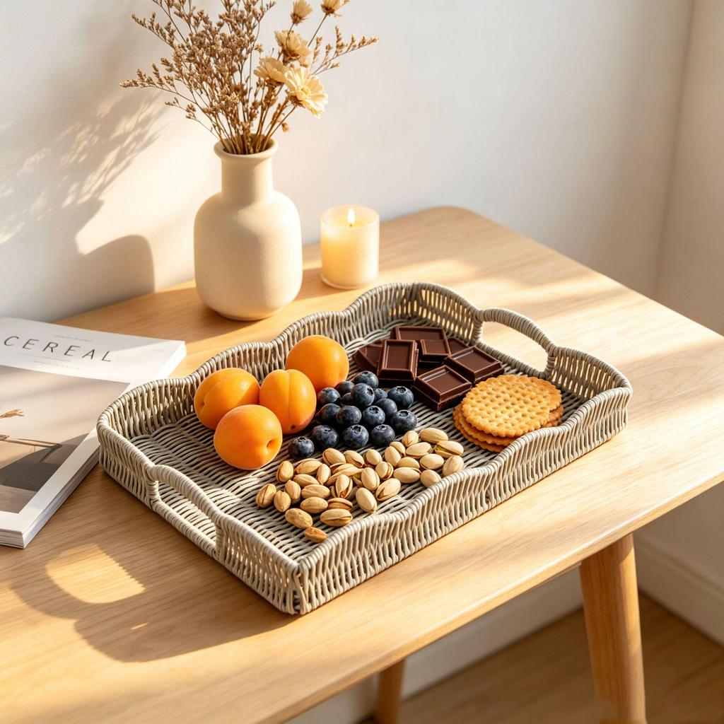 Japanese Wicker Bread Basket with Double Handles - Imitation Rattan Round Serving Tray with Lace