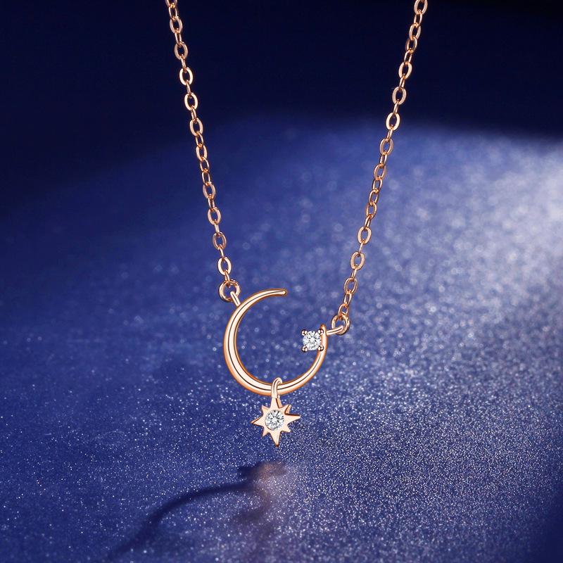 Korean Style S925 Sterling Silver Star & Moon Necklace - Light Luxury Niche Design Jewelry for Women 925 Silver розового золота