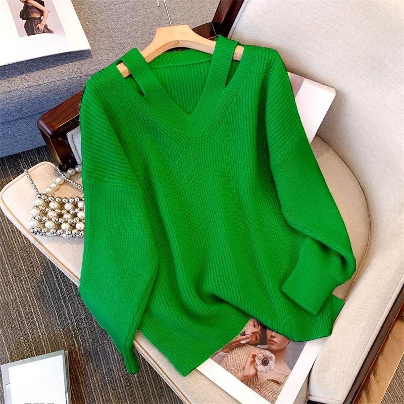 Women Lazy Style Loose Knit Pullover Off Shoulder V Neck Slant Neck Sweater Spring Autumn Plus Size