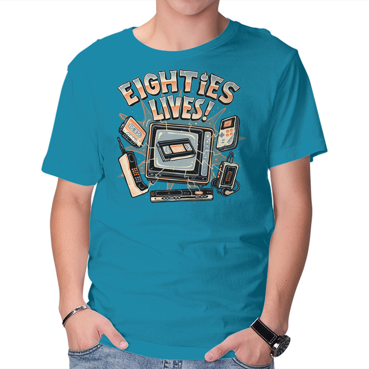 Unisex Crew Neck T-Shirt Eighties Lives Graphic Short Sleeve Casual Tee XS