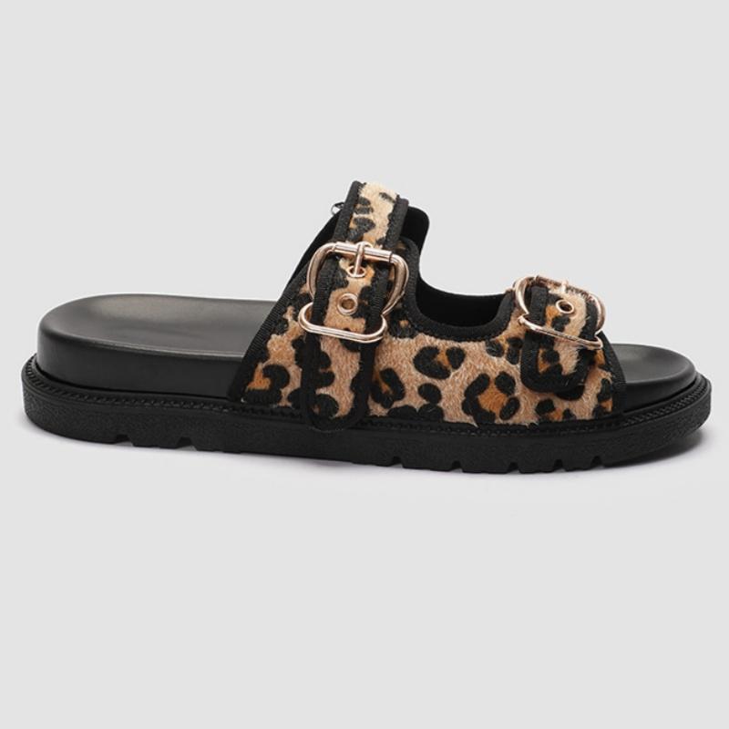 Fashion 2025 Summer New Round Toe Thick Sole Casual Beach Slippers Fashion Leopard Print Buckle Women Slippers Sandals Flats