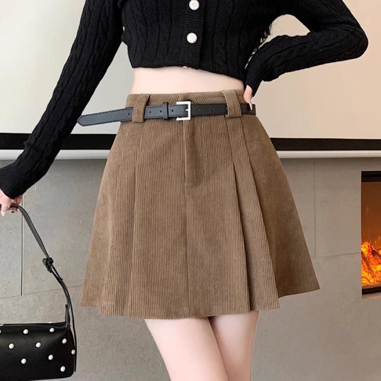 Women's High Waist Khaki Corduroy A-Line Mini Skirt - Petite Slimming Pleated Design for Autumn/Winter 2024