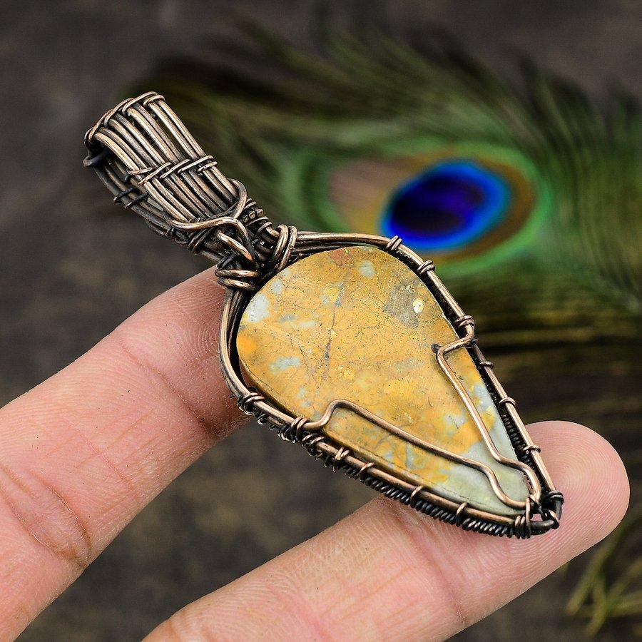 Malinga Jasper, Moonstone Copper Wire Wrap Jewelry Pendant 2.76" B6B06