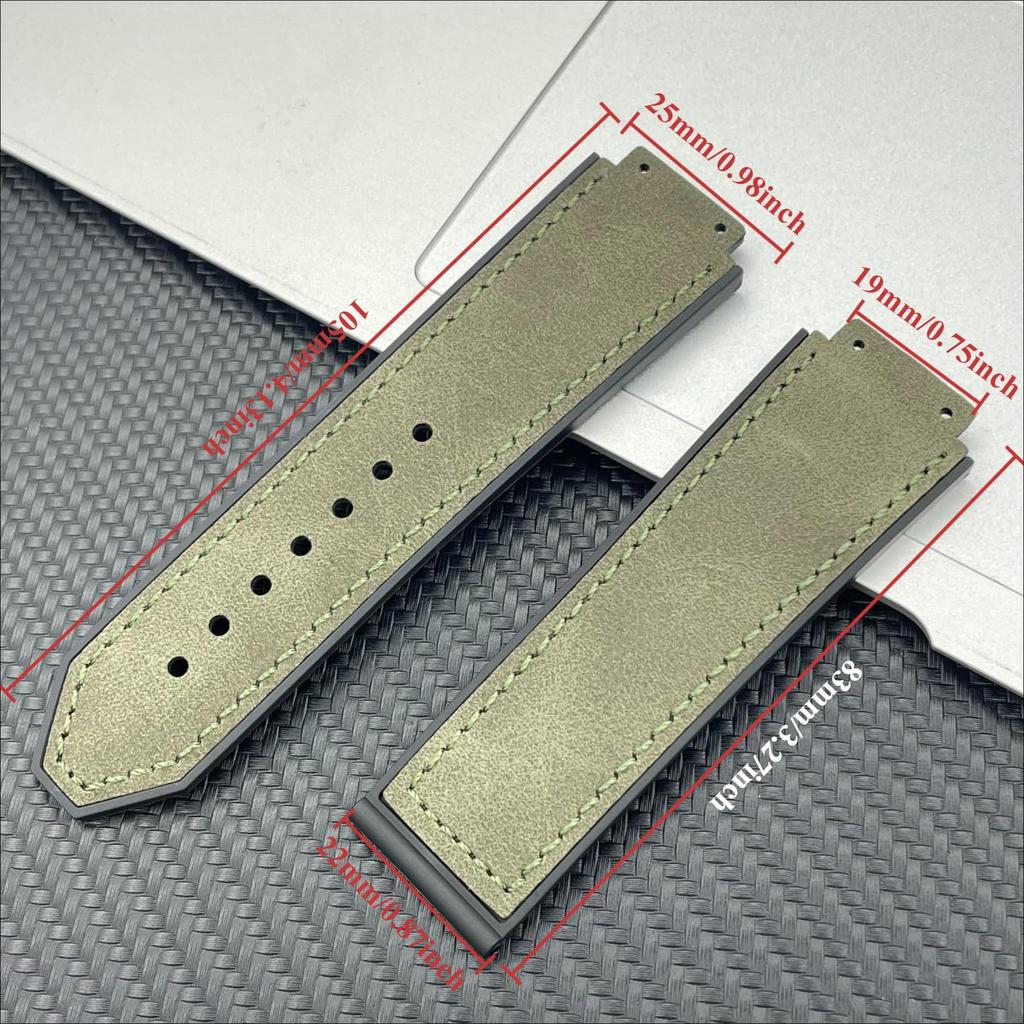 [HEZKUGU] Rubber Sole and Matte Genuine Cowhide Leather Watch Band Compatible with Hublot Watches, 25 X 19 Mm, Unisex (Green)