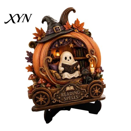 Creative Desktop Ornament Halloween Reading Ghost Figurine, Retro Wooden Statue, Vintage Magic Theme Tabletop with Stacked Book for Home Office Shelf
