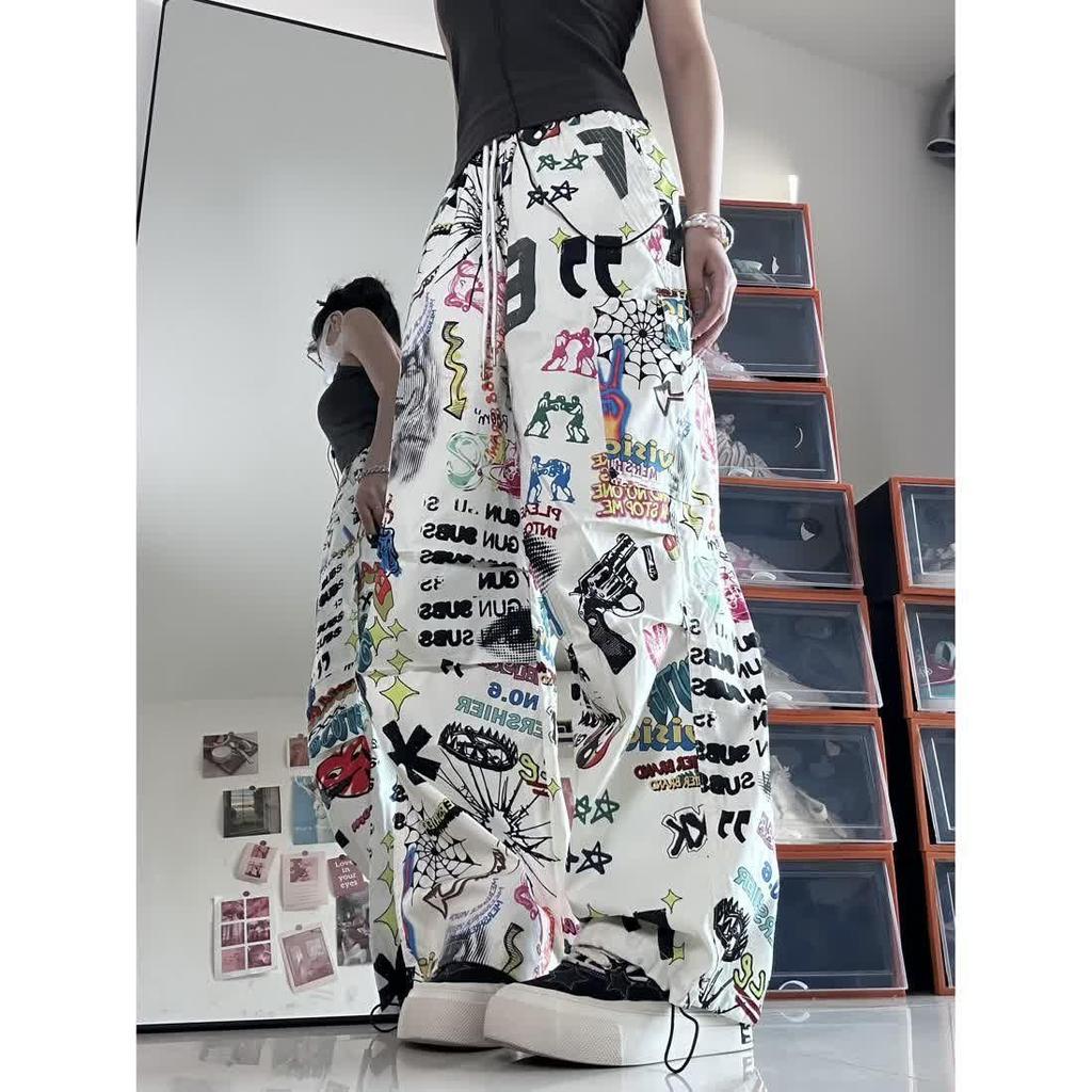 Graffiti Print Lady Trousers Chic Fashion Harajuku Drawstring Wide Leg Trousers Loose Trouseralones SweatTrousers Streetwear Korean Y2k