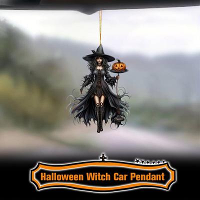 Gothic Witch Pendant,2D Acrylic Halloween Car Rearview Mirror Ornament Spooky Vintage Gothic Hanging Ornament For Car Pendant