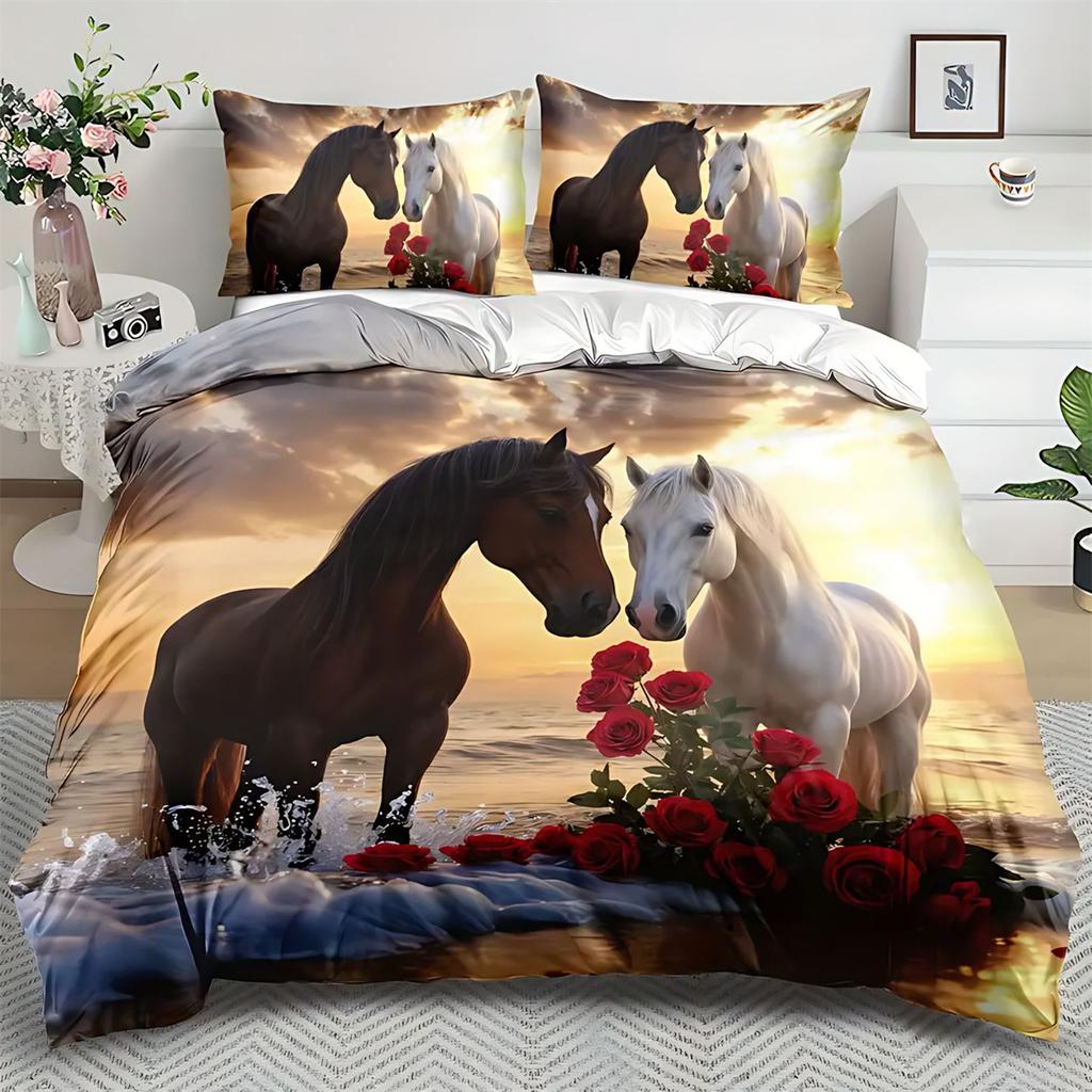 Animal 3D Printed Duvet Cover Set Domineering Galloping Horse Bedding Set Soft 2/3pcs Polyester Quilt Cover Set with Pillowcases