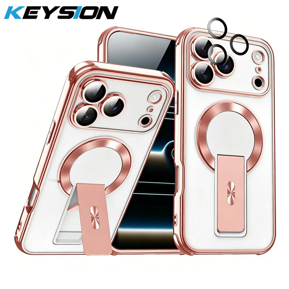 KEYSION Magnetic Transparent Plating Case for MagSafe for iPhone 11 12 13 14 15 16 17 Pro Max Air 16 Plus Upright Kickstand Shockproof Phone Cover