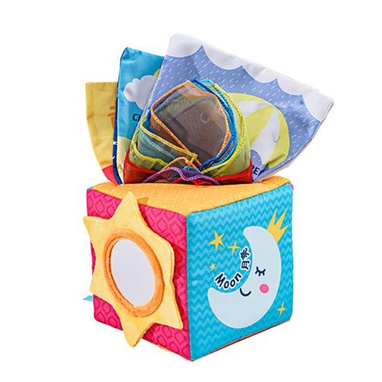 

Детская сенсорная коробка с салфетками, мягкая игрушка-кубик с хрустящим звуком, развивает сенсорно-моторные навыки, набор из мультисенсорных салфеток для детей от 0 до 3 лет