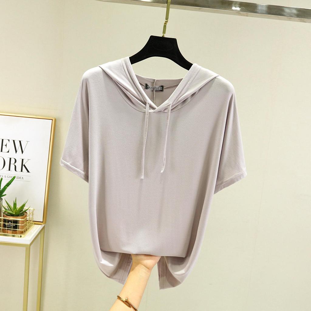 T-shirt à capuche manches courtes en modal pour femme Printemps/Été - Haut de base léger coupe ample