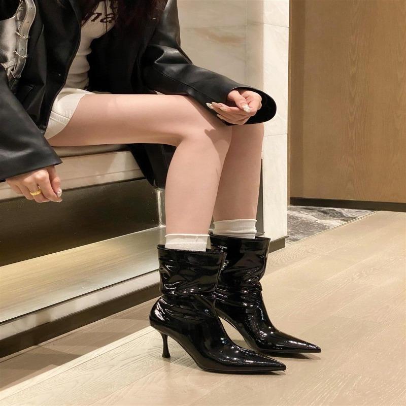 Fashion Pointed Toe Stiletto Heel Booties Women's Fall/Winter 2025 New Patent Leather Sleeve Fashion Boots
