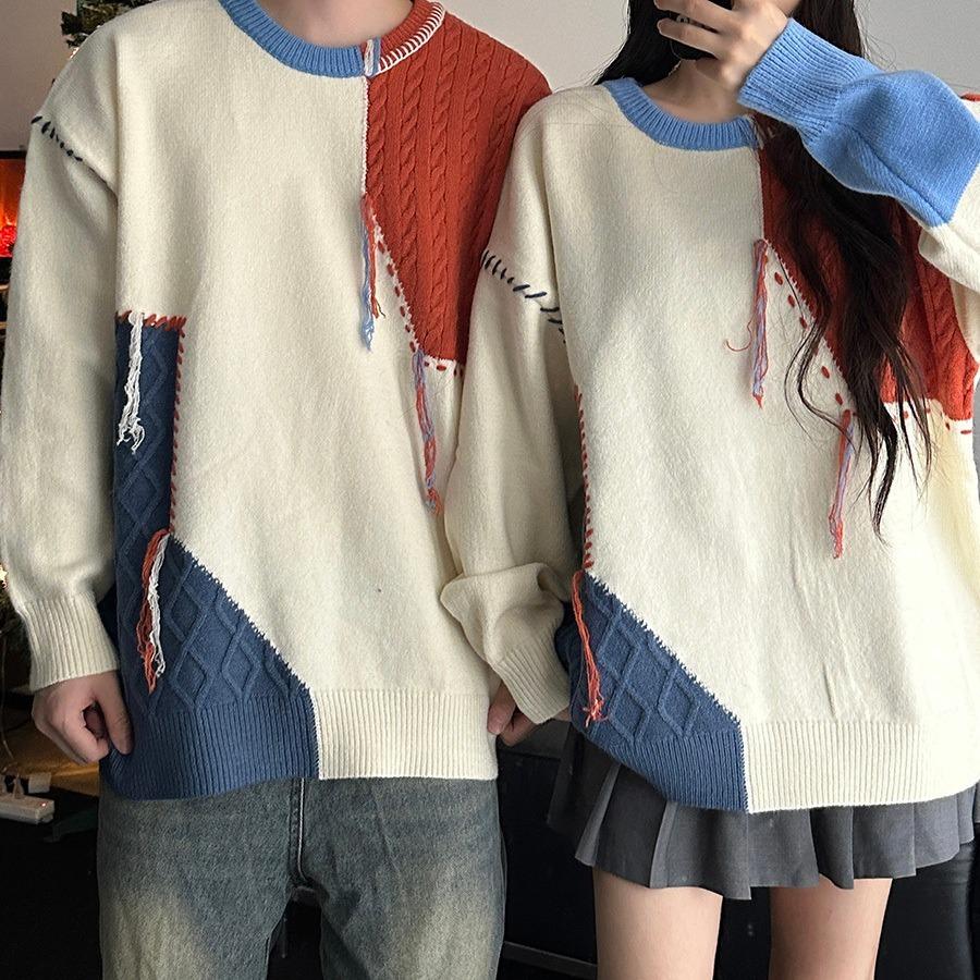 

2025 Autumn/Winter Men s Tassel Lace-up Cable Knit Patchwork Sweater S синій