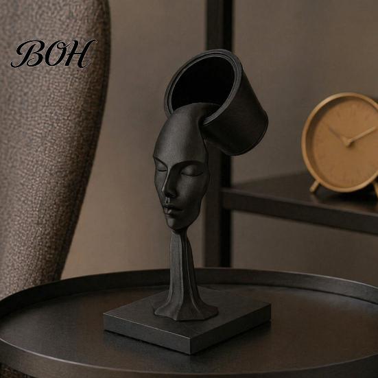 Minimalist Face Sculpture Abstract Human Sculpture, Surrealism Artistic Statue, 3D Printed Figurine Modern Black Floating Bucket for Home Table Shelf