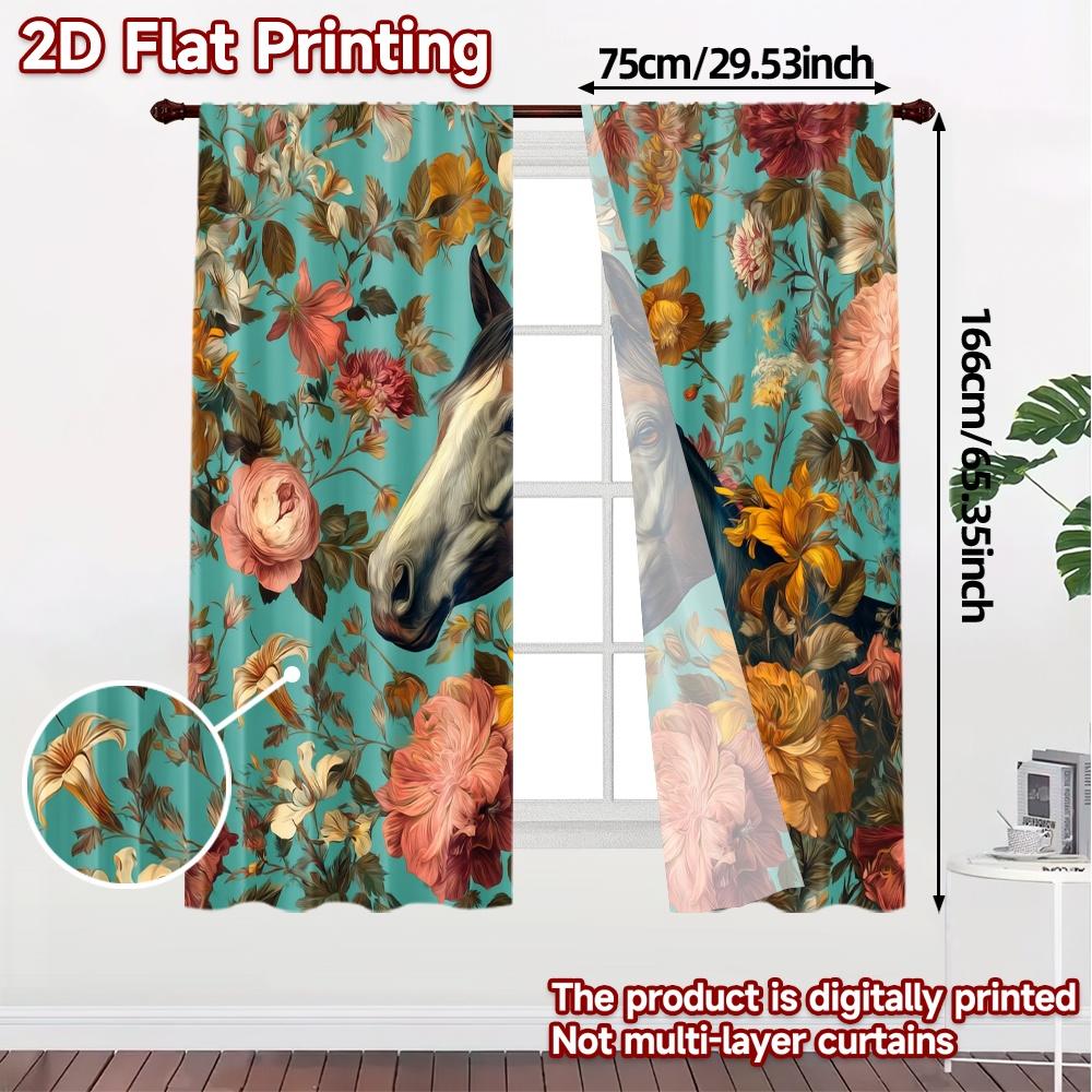 2pcs   2D FLAT PRINTING Curtains (Without Rod) Horse in Bloom Chic Curtain Chic Durable Polyester Curtains Room Decor for Living