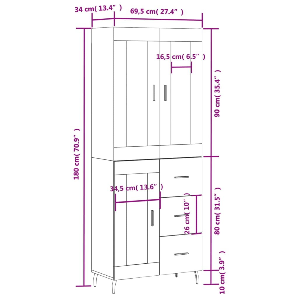 Highboard Smoked Oak 69.5 x 34 x 180 cm Wood Based Panel