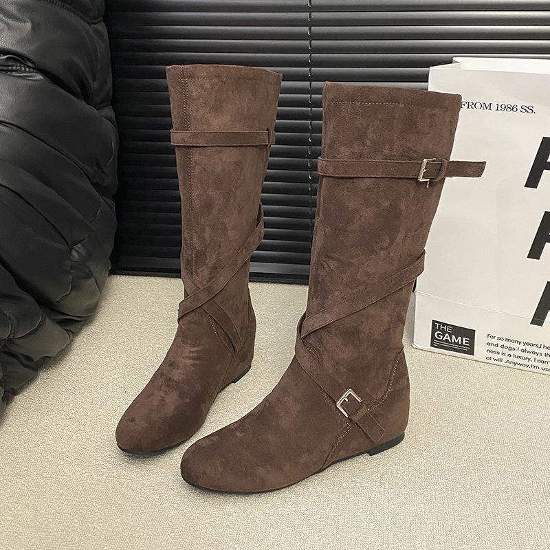 Vintage Maillard pointed inner heightening flat boots children's boots 2025 new autumn thin knight boots