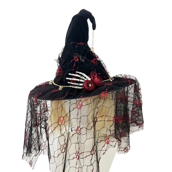 Creative Halloween Props Punk Skeleton Hand Witch Hat with Spider And Veil, Black Large Reusable Holiday Ornaments Wizard Costume Accessory