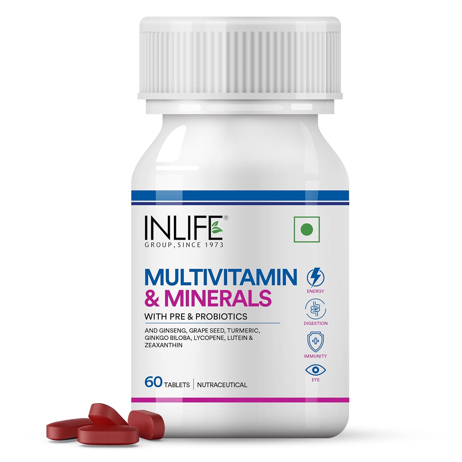

INLIFE Multivitamin Tablets For Men & Women with Ginseng & Prebiotic Probiotic, 60tablets X Pack of 2